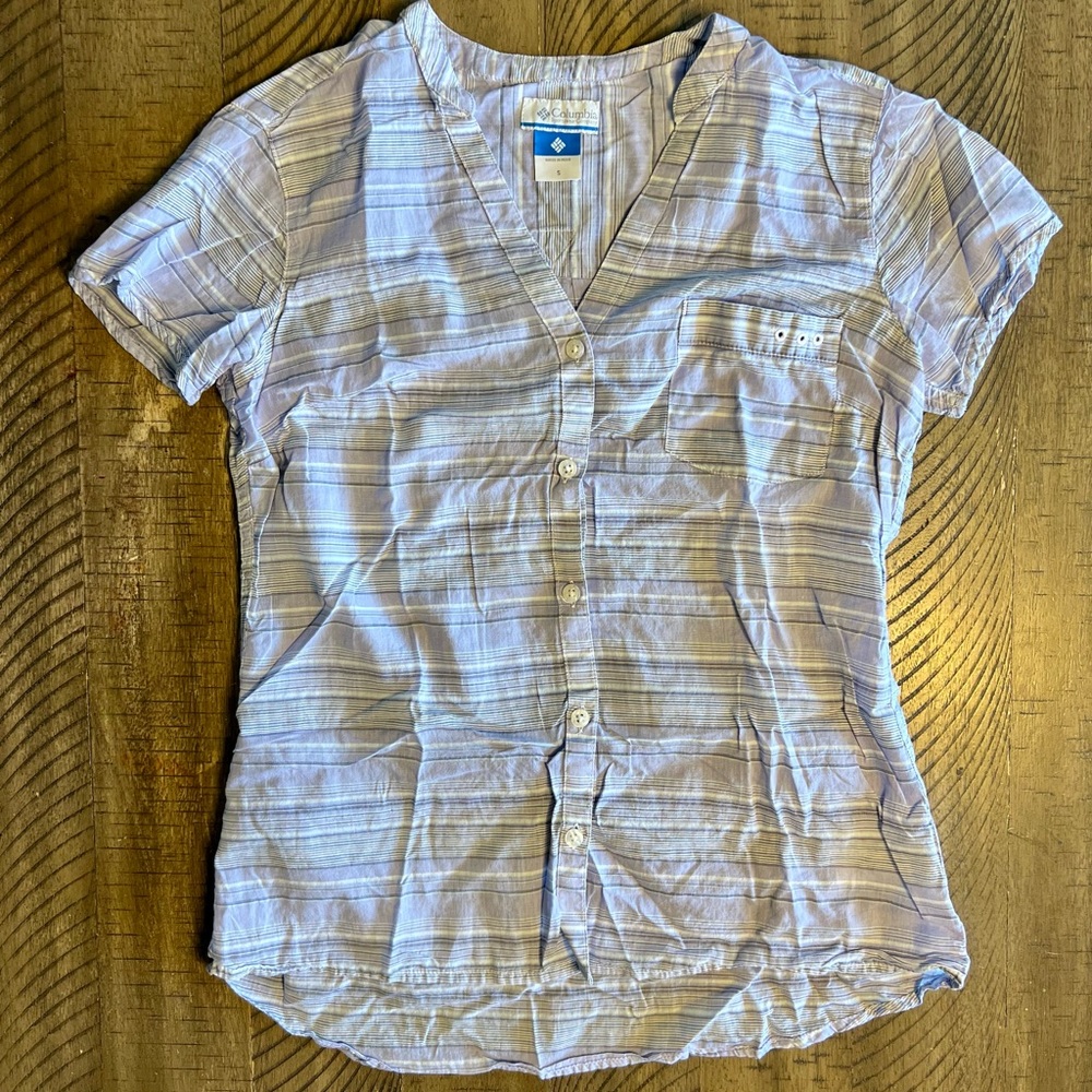 Columbia PFG button down pocket women’s collarless shirt Sz SM 100% cotton